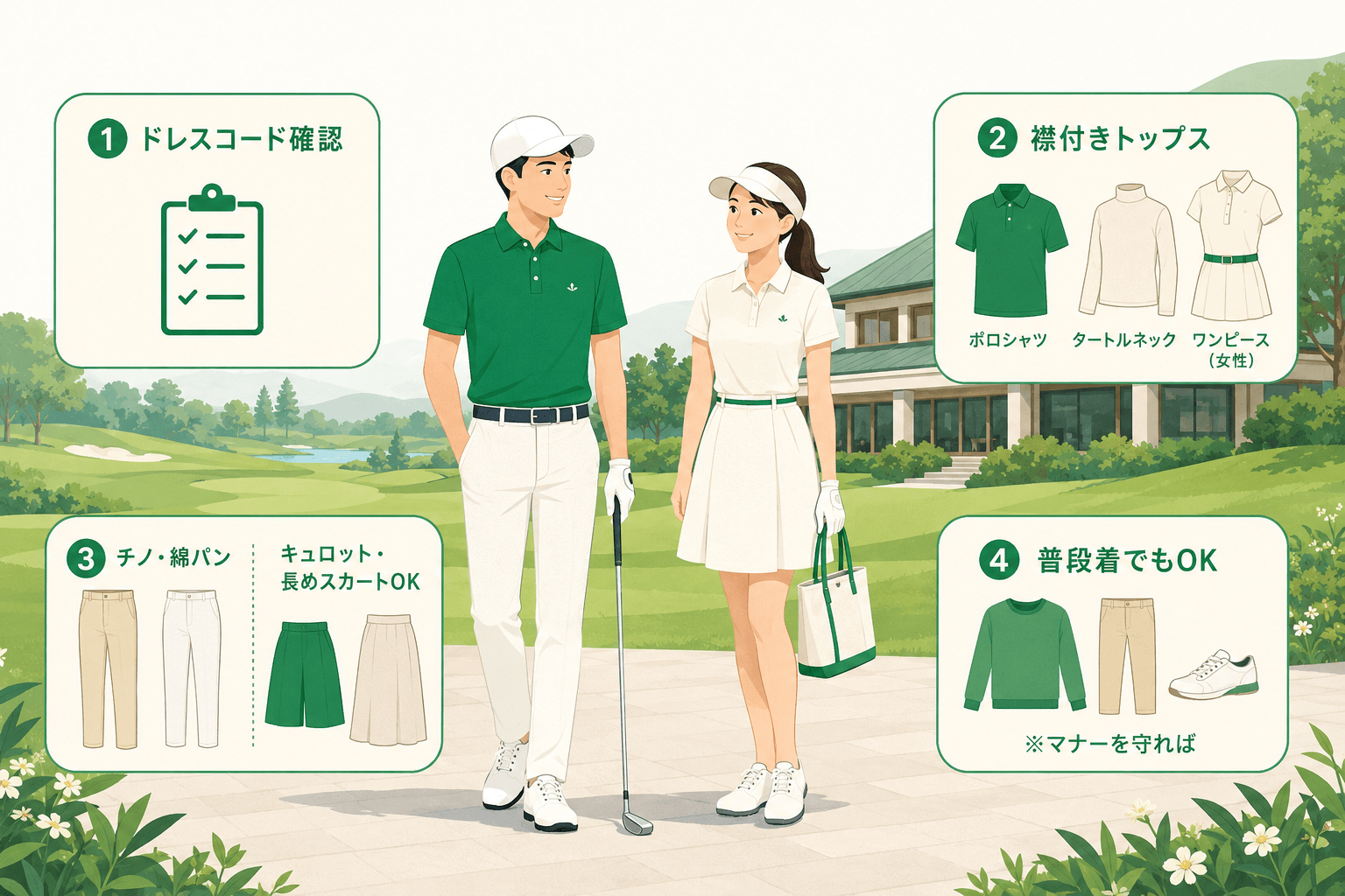 ゴルフコース（ラウンド）での持ち物完全版。男性・女性別のチェック